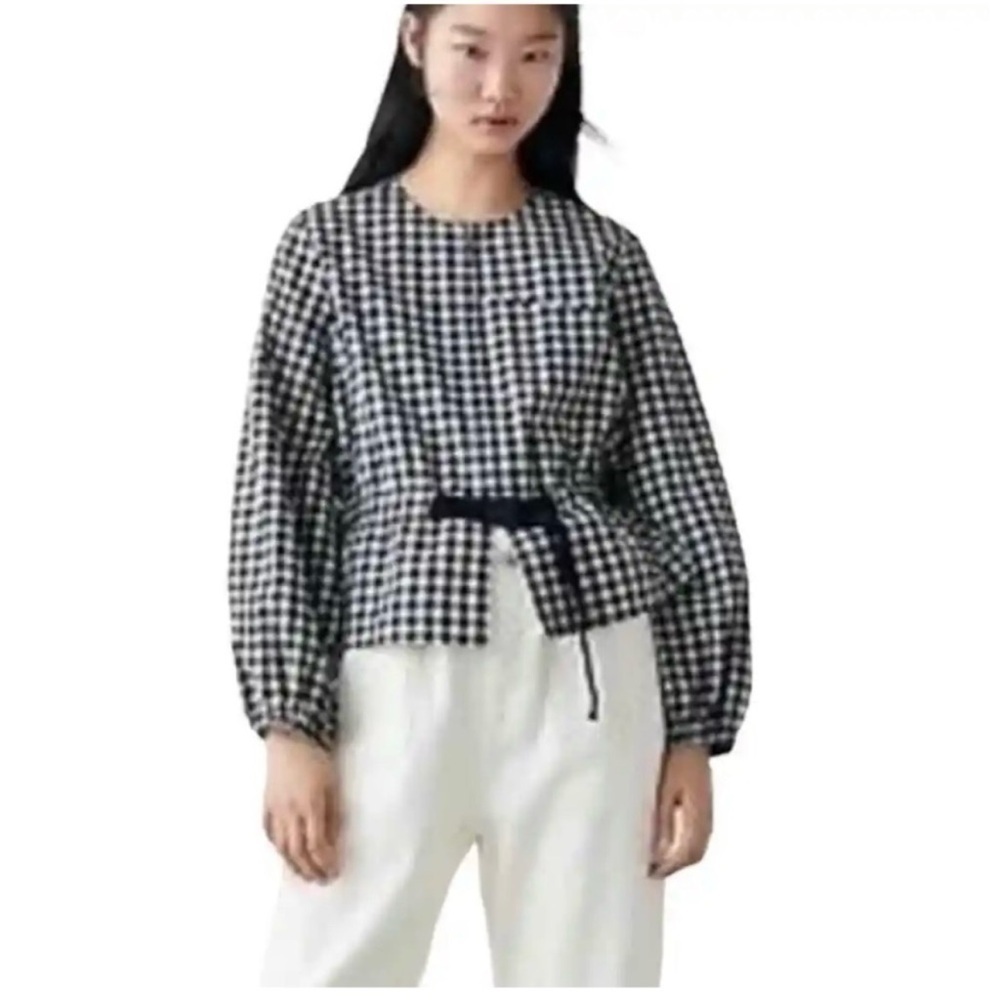Zara Gingham Linen Blend Puff Sleeve Zipper Jacket Black White Sz S